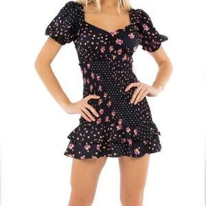 For Love & Lemons Black w/ Pink Floral smocked, belted dress